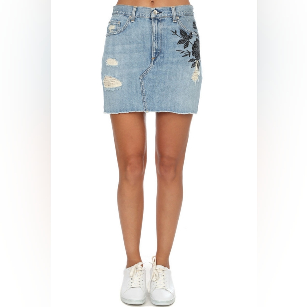 Rag & Bone Denim Mini Skirt with Rose Embroidery
